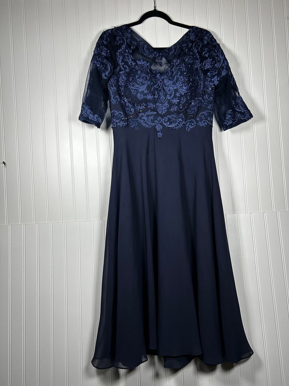 Navy Lace Sequin Fit Flare Dress Scoop Neck Short Sleeve Sheer Lace-Up Corset 12